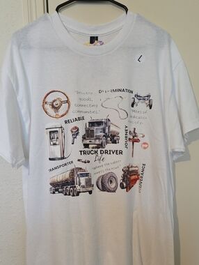 Gildan White Truck Driver Graphic Tee with Vintage Truck Illustrations